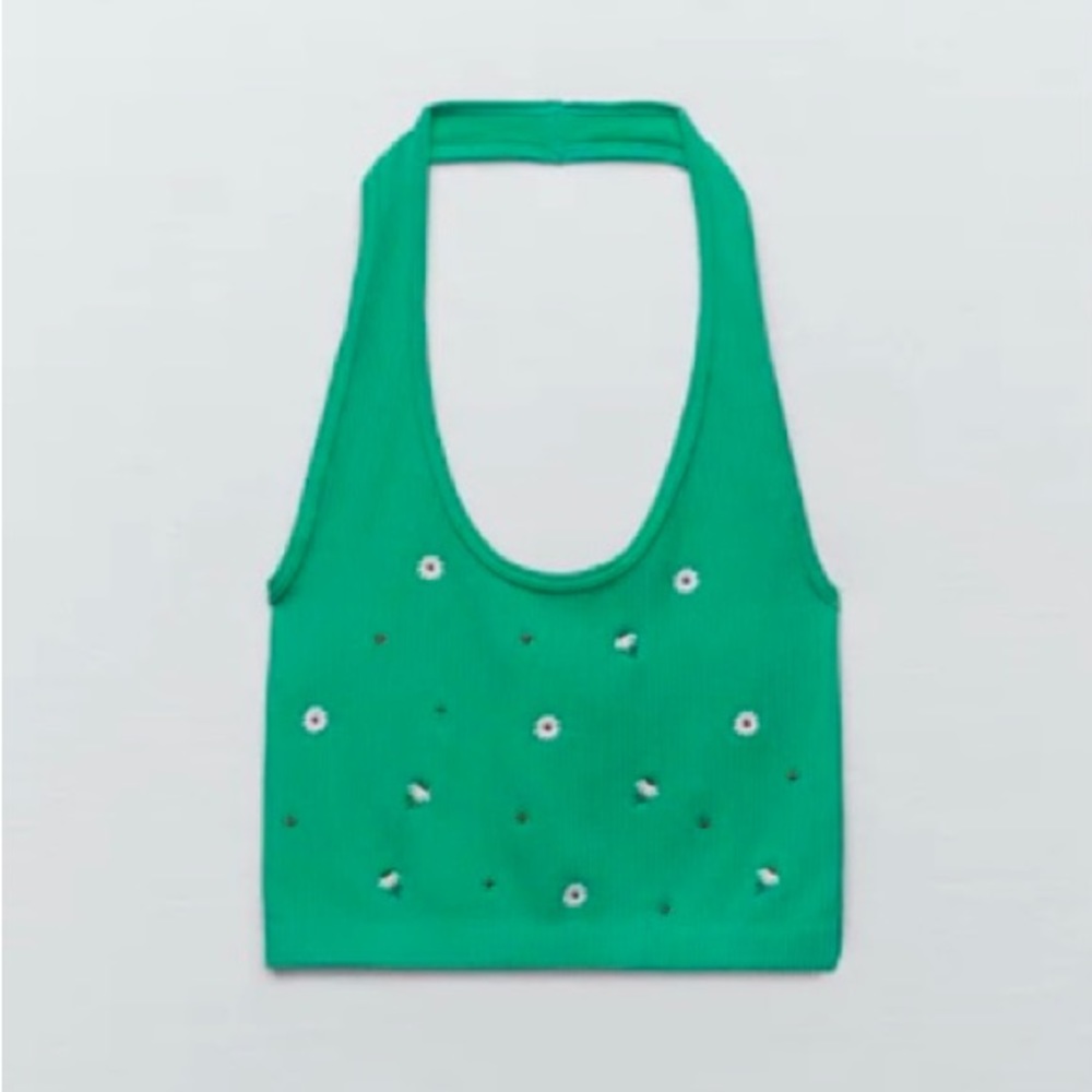 XS/S 🔖ZARA Seamless Embroidered Biker Tank Halter Green Daisy